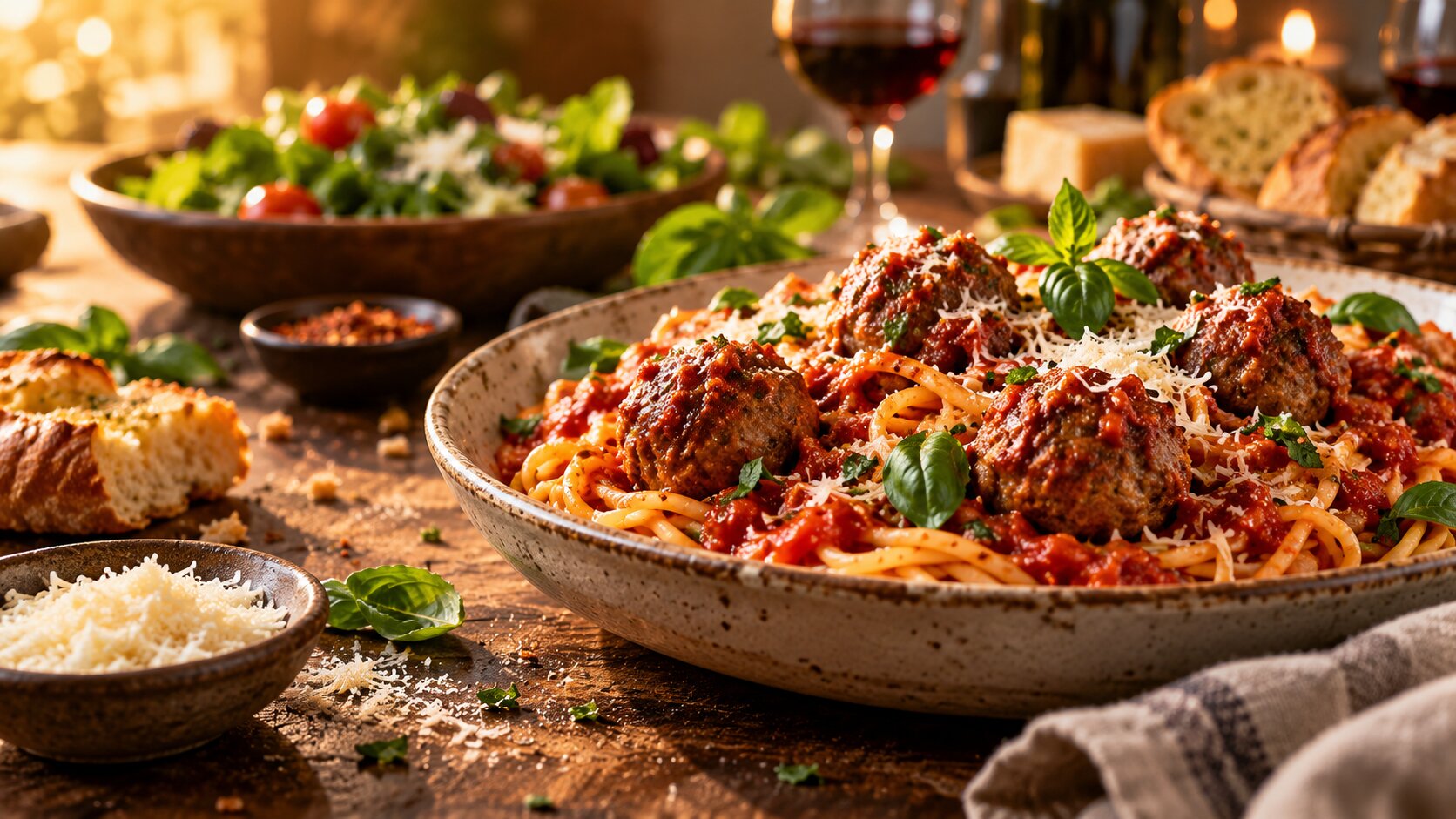 A family-style pasta meal on a table